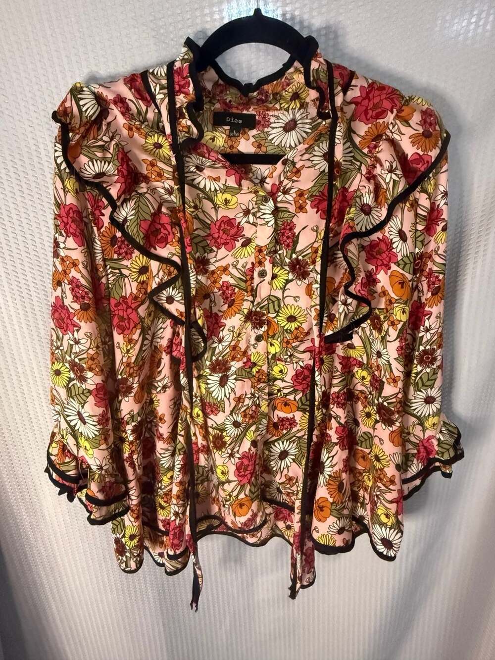 Dice 70s Retro Floral Ruffle Neck Blouse with Tie String